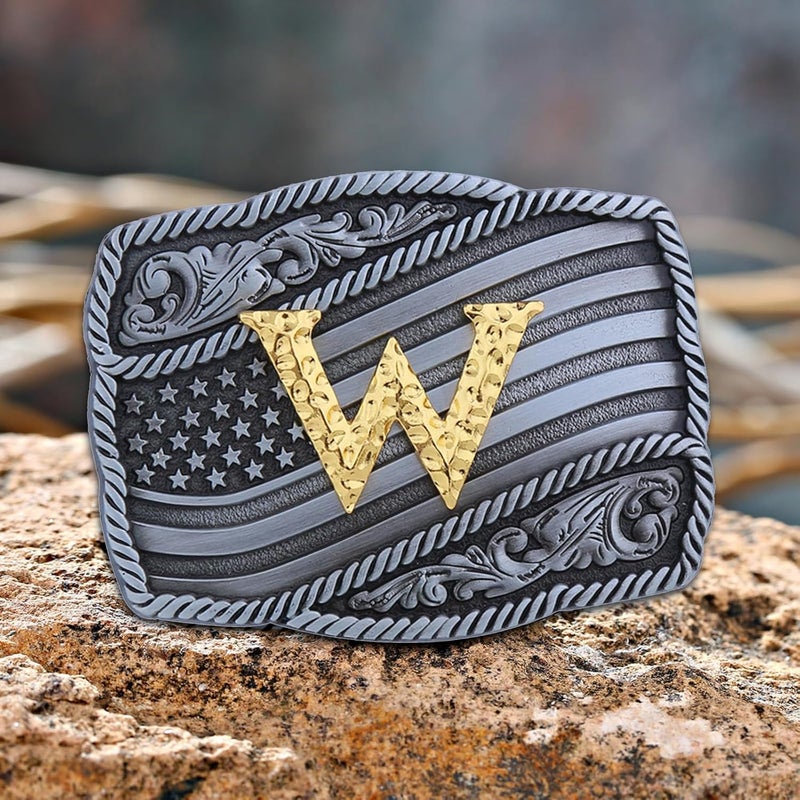 Fibbadet Store Western Cowboy Initial Letters A-Z American Flag Belt Buckle for Men Fathers Day Boyfriend Husband - Image 1